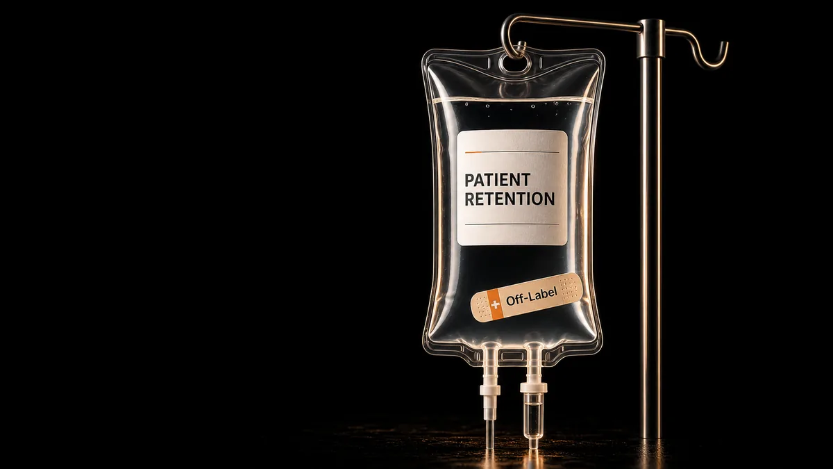 Patient retention IV bag with an Off-Label bandage.