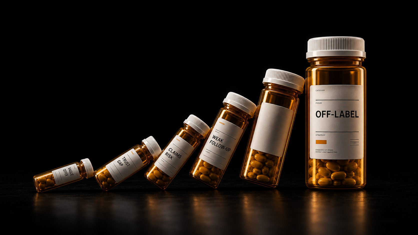 Amber prescription bottles falling like dominoes, with marketing issue labels on the falling bottles and an Off-Label bottle still standing.