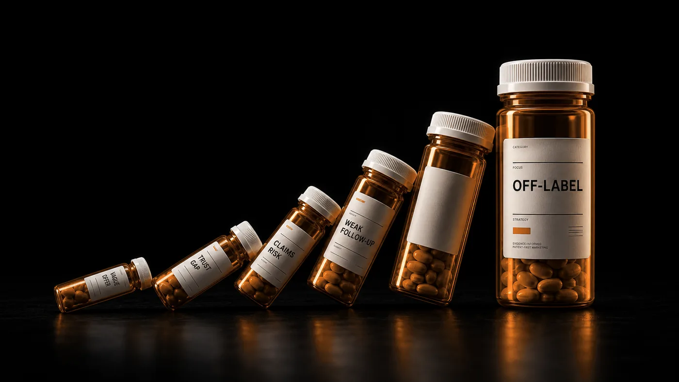 Amber prescription bottles falling like dominoes, with marketing issue labels on the falling bottles and an Off-Label bottle still standing.